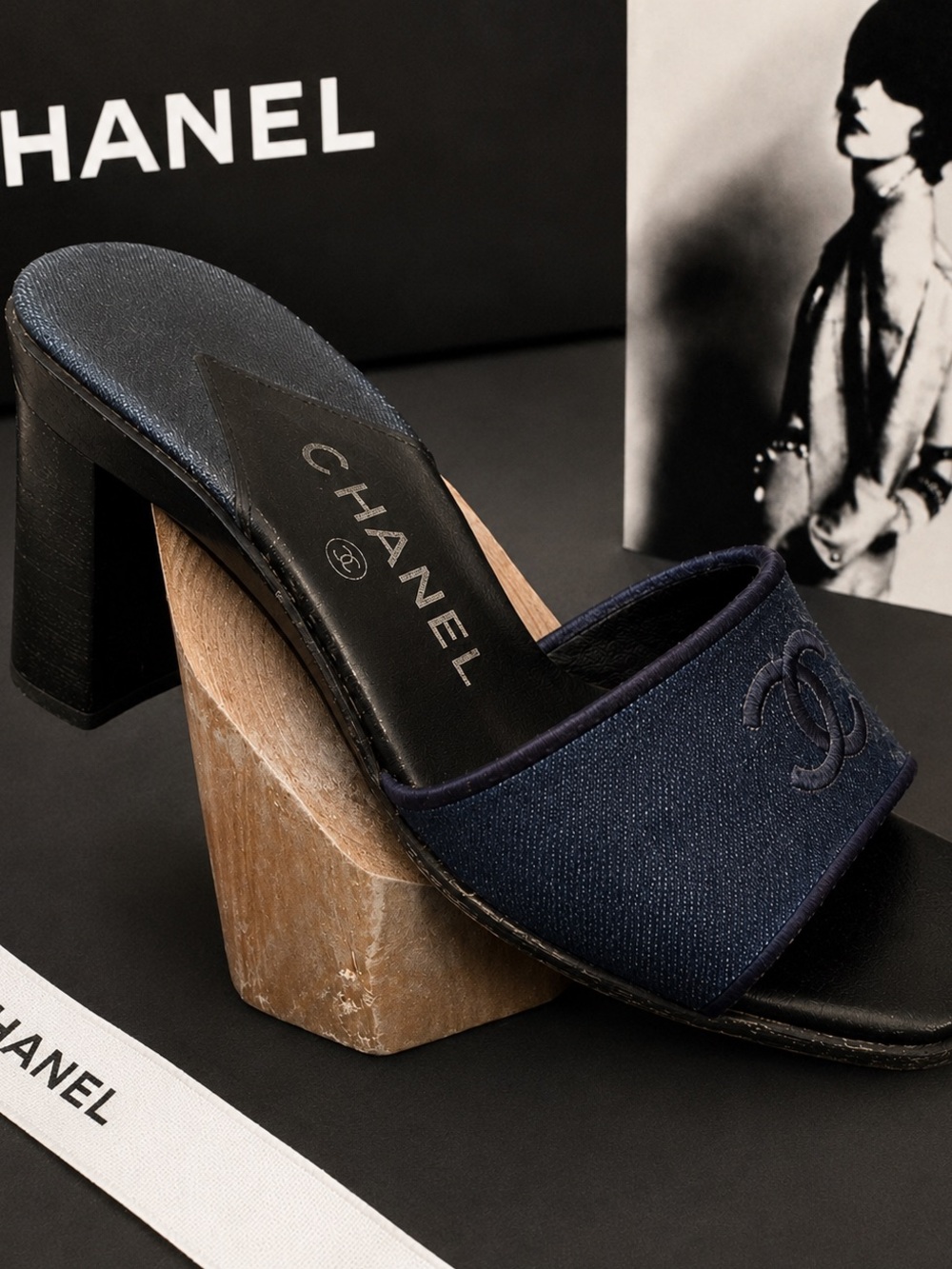 CHANEL Navy Blue Leather & Wood Slide Mules